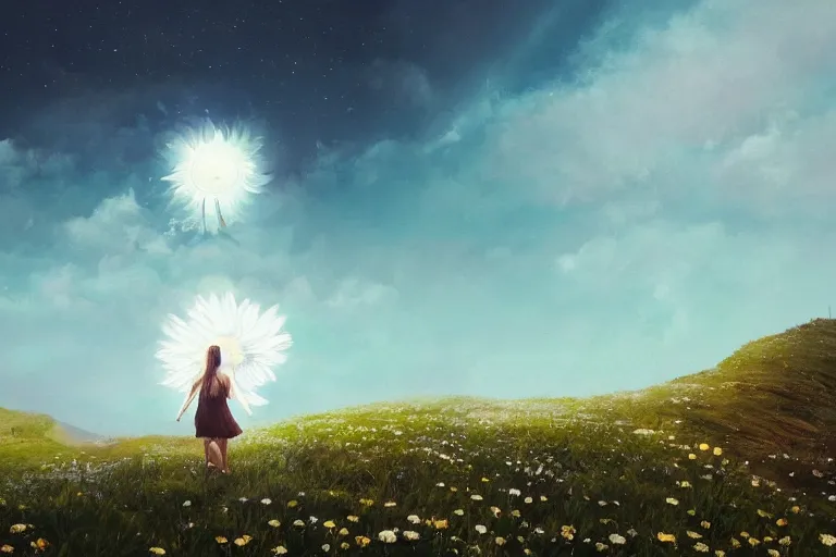 Image similar to giant white daisy flower head, girl walking on cliff, surreal photography, solar eclipse, milky way, dramatic light, impressionist painting, clouds, digital painting, artstation, simon stalenhag