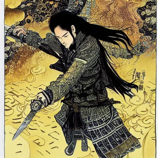 Image similar to a handsome golden Vagabond magic swordsman glides through a beautiful battlefield dramatic esoteric pen and ink illustrated in high detail by Hiroya Oku and Tatsuki Fujimoto