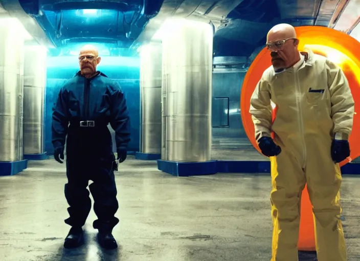 Image similar to film still of Walter White !!!with hair on his head!!! as Gordan Freeman in an underground lab facility wearing a black HEV suit with an orange lambda logo in front with a glowing blue portal in the background in the Half Life Movie, 4k