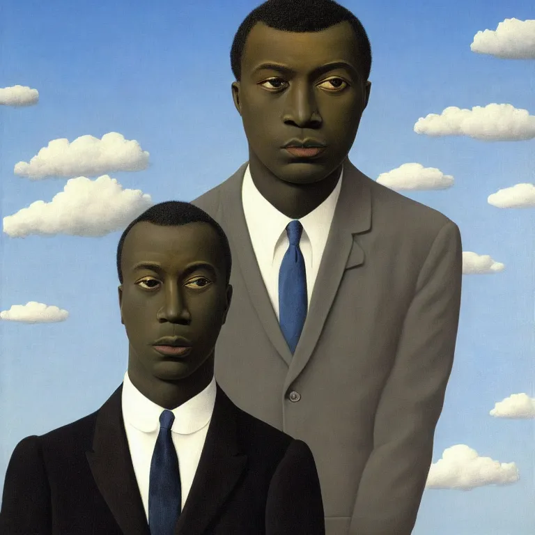 Prompt: portrait of a faceless black - head man in a suit, clouds in the background, by rene magritte, detailed painting, distance, centered, hd, hq, high resolution, high detail, 4 k, 8 k