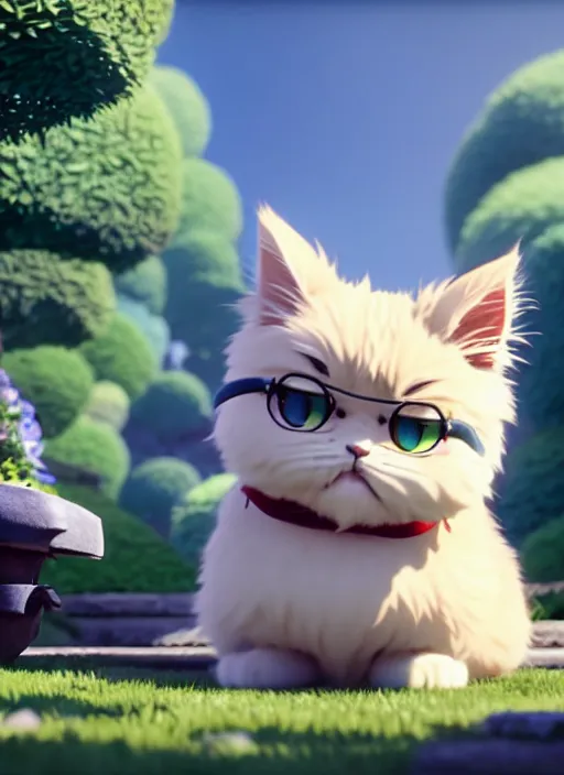 Prompt: a wholesome animation key shot of a cute persian cat, studio ghibli, pixar and disney animation, sharp, rendered in unreal engine 5, anime key art by greg rutkowski, bloom, dramatic lighting