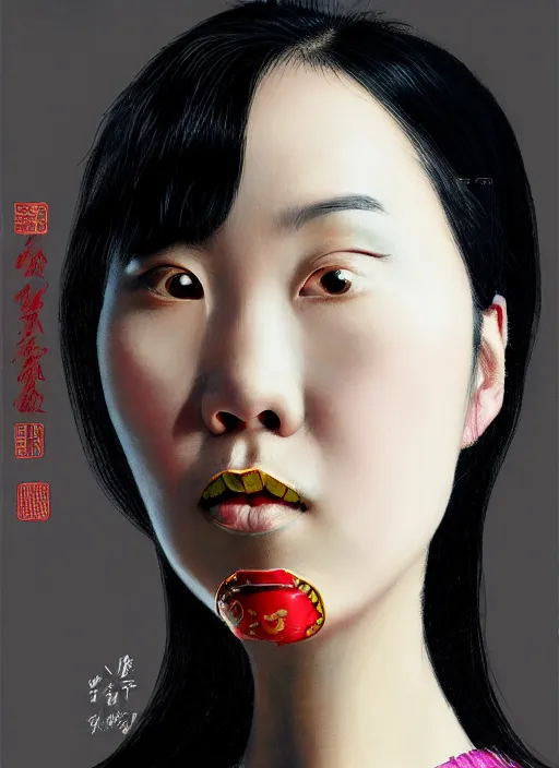 Image similar to portrait of a chinese woman with a crooked nose and a confident expression, 1 9 6 0 s, black clothes, goth, punk, brightly coloured hair, funk, intricate, elegant, highly detailed, digital painting, artstation, concept art, smooth, sharp focus, illustration, art by wlop, mars ravelo and greg rutkowski