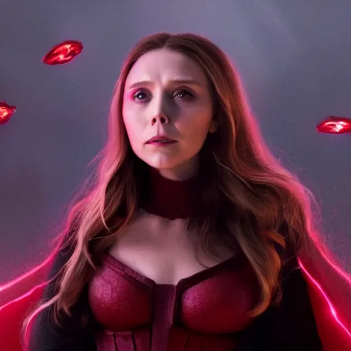 Image similar to movie still of elizabeth olsen as the scarlet witch, facing away from the camera, standing in the middle of a dark cave, holding red magic from her hands, illuminating the area, golden ratio!!!!!, centered, trending on artstation, 8 k quality, cgsociety contest winner, artstation hd, artstation hq, luminous lighting