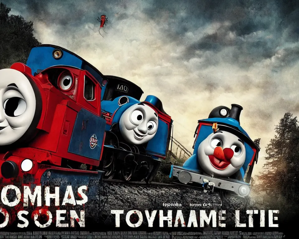 Prompt: a horror movie poster featuring Thomas The Tank Engine