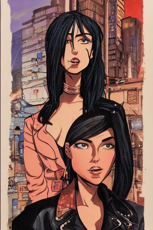 Image similar to portrait of an attractive young female protagonist, center focus, wearing leather jacket, in city street, detailed artwork by ralph bakshi