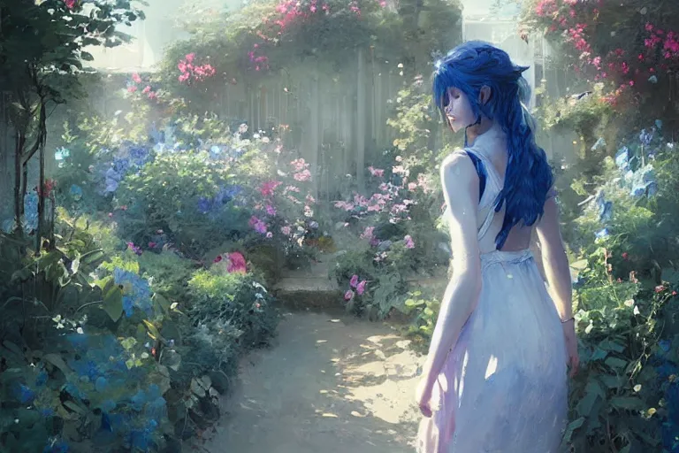 Image similar to a beautiful painting of blue roses garden, girl, by greg rutkowski, trending on artstation