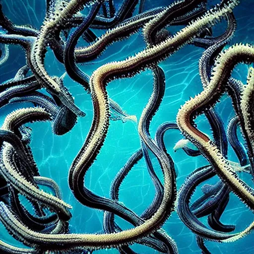 Prompt: “a swarm of dark tentacles underwater, beautiful digital art, underwater photography, deep ocean abyss, dark blue water background”