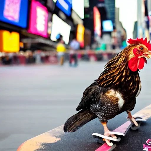 Image similar to a very detailed chicken riding a skateboard in times square, high quality, dslr up close picture