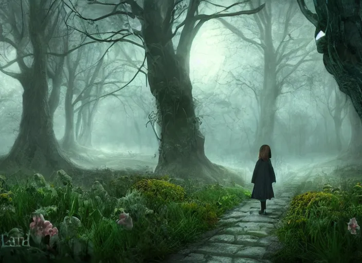 Prompt: secret garden, in the style of pan's labyrinth movie, pathway, girl, spooky, very dark, concept art, unreal engine 5, matte painting, artstation, caspar friedrich
