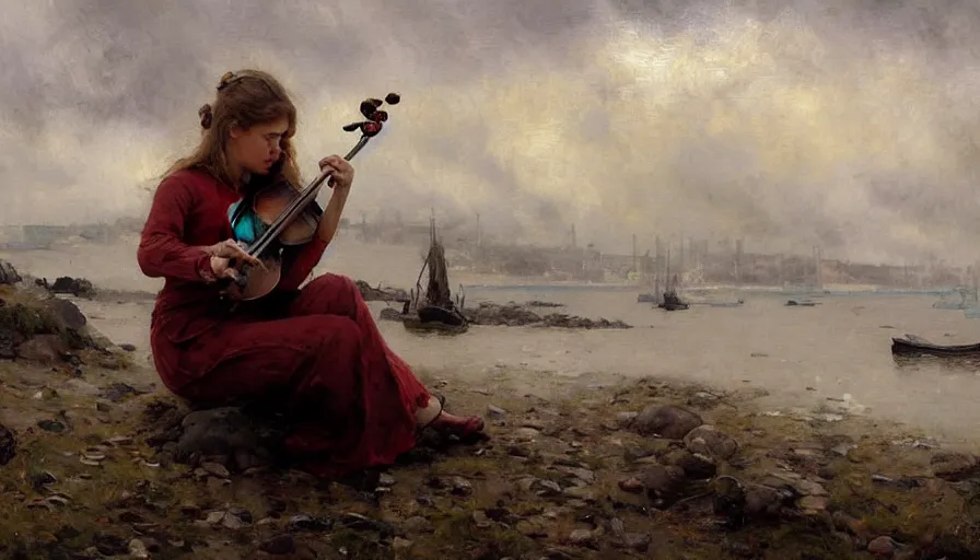 Prompt: angel alone playing on a violin near the shore, boats in the background, foggy morning, clouds in the sky, russian oil painting, serov, surikov, vasnetsov, repin, kramskoi, paint texture, uplight, insanely detailed and intricate, high resolution, Charlie Bowater, Tom Bagshaw, Norman Rockwell, octane rendered, unreal engine, illustration, trending on artstation, masterpiece, 8k