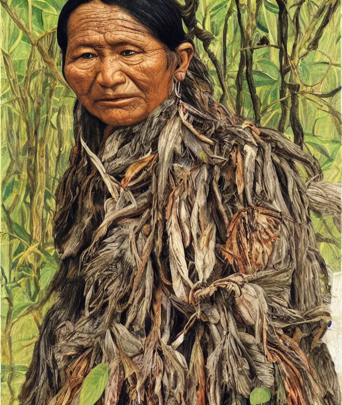 Image similar to full body shot picture of indigenous people woman leader in forest, painted by lucian freud, hd, super detailed, realistic, muted colors