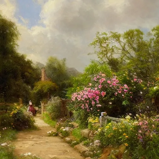 Prompt: landscape jean-Baptiste Monge and Solomon Joseph Solomon and Richard Schmid and Jeremy Lipking victorian landscape genre painting portrait painting of an english country cottage with a stone path and flower garden