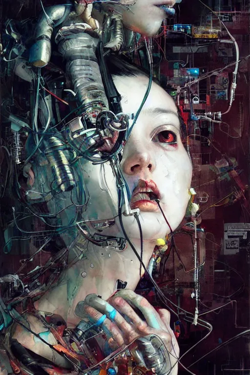 Prompt: young woman cyberpunk dream thief, wires cybernetic implants, in the style of adrian ghenie, esao andrews, jenny saville,, surrealism, dark art by james jean, takato yamamoto