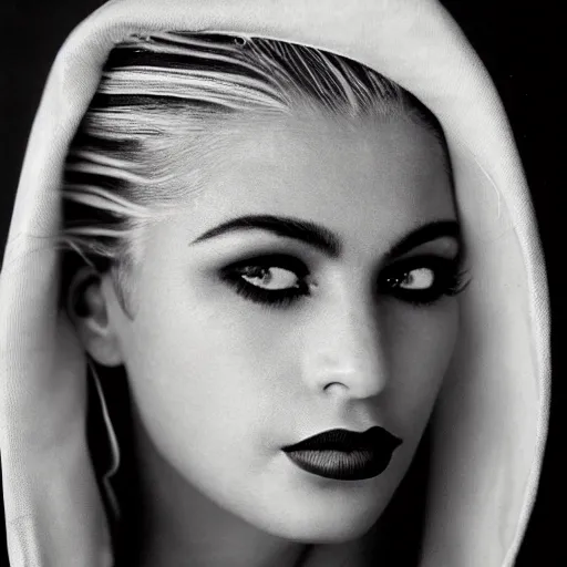Prompt: black and white vogue closeup portrait by herb ritts of a beautiful female model, persian, high contrast