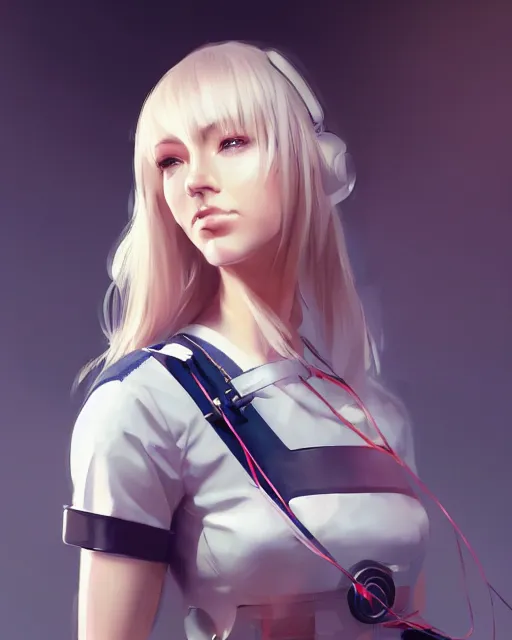 Image similar to beautiful nordic woman wearing futuristic nurse outfit, beautiful, detailed portrait, cell shaded, 4 k, concept art, by wlop, ilya kuvshinov, artgerm, krenz cushart, greg rutkowski, pixiv. cinematic dramatic atmosphere, sharp focus, volumetric lighting, cinematic lighting, studio quality