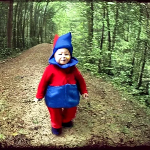 Image similar to bad quality screenshot of a leaked video of a small person dressed as gnome looking at me at a forest trail, photo taken from far away, night time, bright camera flash, camera shaking, disturbing, very scary, realistic, very disturbing, ultrarealistic, 480p, scary