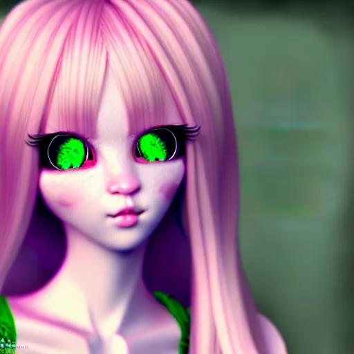 Image similar to ultrarealistic sweet bunny girl, intricate details, green eyes, 8K, long hair, fluffy, pink