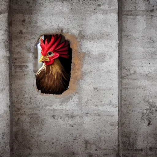 Image similar to man dressed as a chicken hiding behind a corner