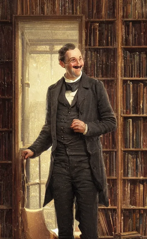 Prompt: portrait of a happy victorian gentleman in front of a bookcase, male, cheerful, detailed face, 19th century, highly detailed, cinematic lighting, digital art painting by greg rutkowski