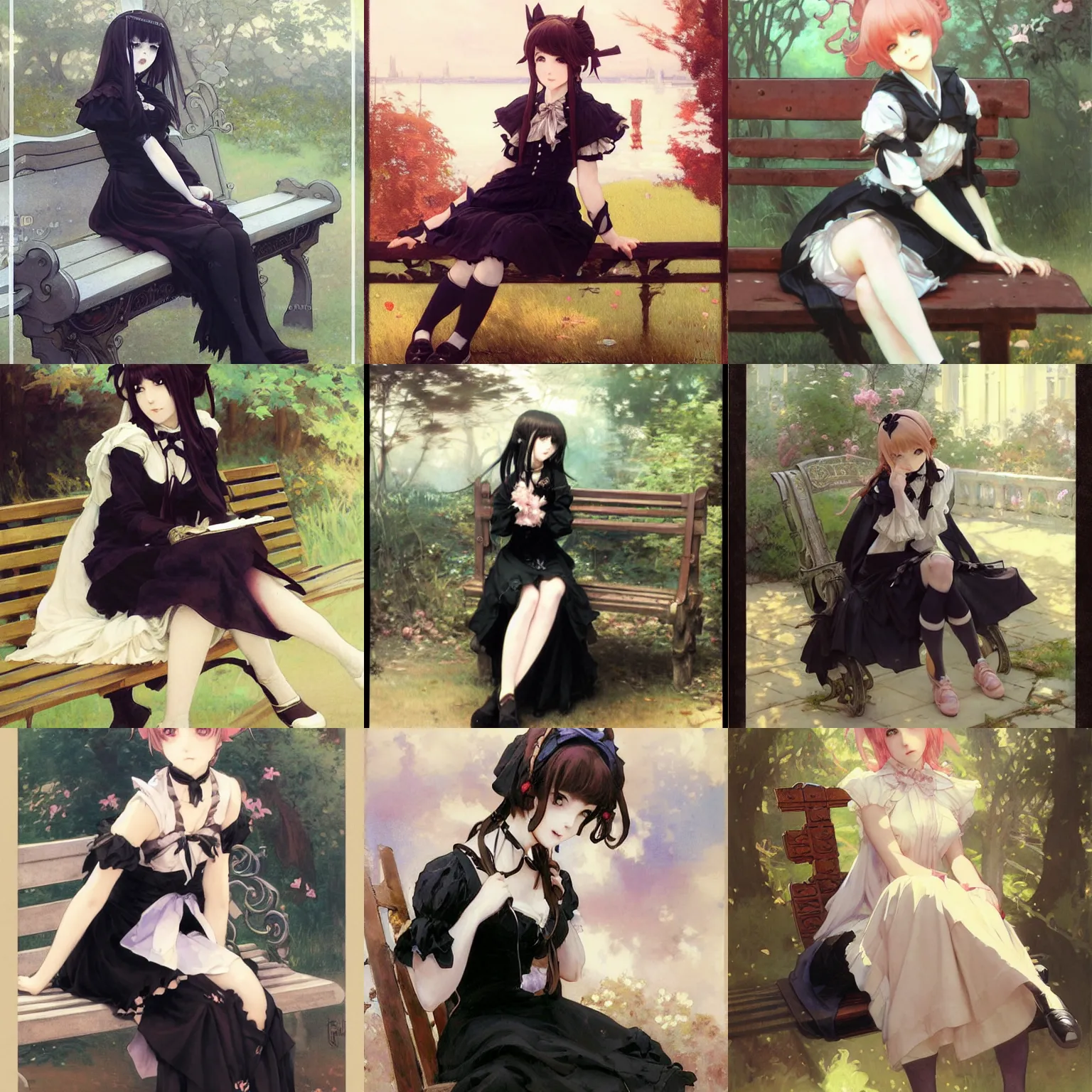 Prompt: cute anime girl in a black gothic lolita dress, sitting on a bench, by krenz cushart and mucha and akihito yoshida and greg rutkowski, painting by gaston bussiere, craig mullins, j. c. leyendecker