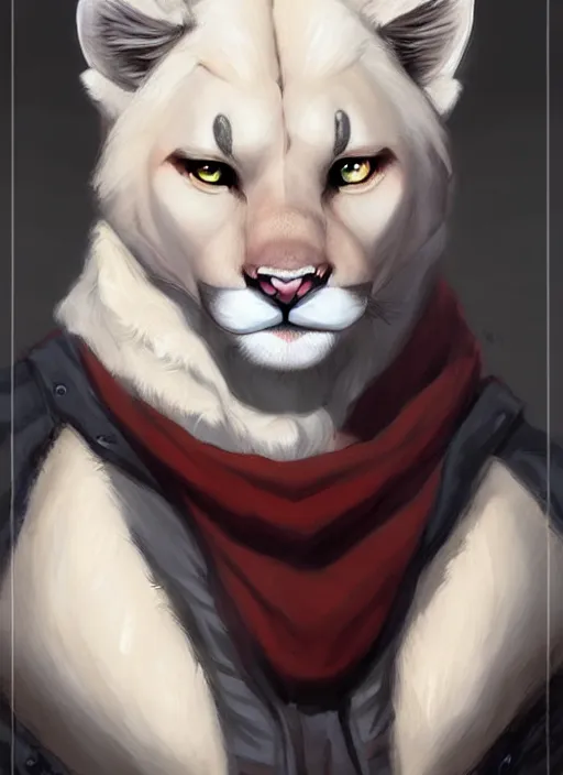 Image similar to beautiful portrait commission of a male furry anthro!!! albino mountain lion with dark red eyes and black nose markings wearing old-timey miner's clothes. Atmospheric. Character design by charlie bowater, ross tran, artgerm, and makoto shinkai, detailed, inked, western comic book art