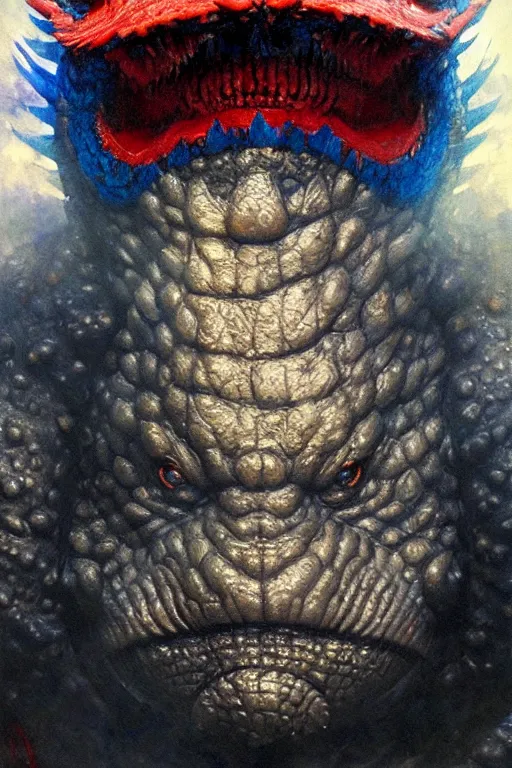 Prompt: blue shin - godzilla wearing a propeller cap hat, extreme close up detailed face portrait dnd, painting by gaston bussiere, craig mullins, greg rutkowski, yoji shinkawa