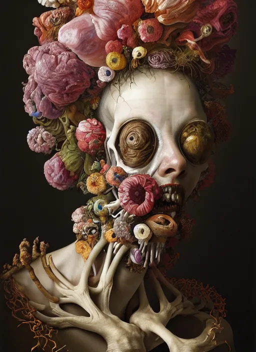 Image similar to strange, looming head, biomorphic painting of a woman expressive face, wearing a small, ornate crown made of flowers and bones by, rachel ruysch, jenny saville and charlie immer, highly detailed, emotionally evoking, head in focus, volumetric lighting, melting, drippy oil painting,