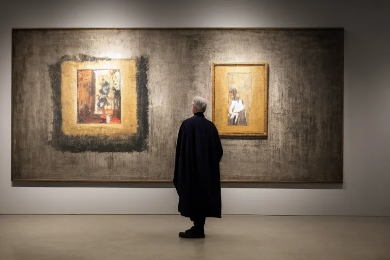 Image similar to back view of a man wearing old weathered robe in front of the framed painting in the minimalistic modern art gallery, by rutkovski and stalenhag and david lynch