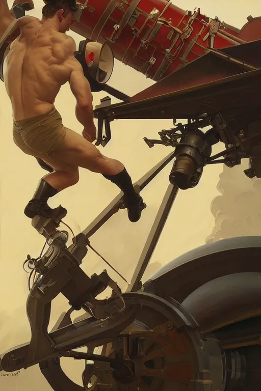 Image similar to man as human cannonball in the modern artillery cannon, realistic painting, symmetrical, highly detailed, digital painting, artstation, concept art, smooth, sharp focus, illustration, cinematic lighting, art by artgerm and greg rutkowski and alphonse mucha