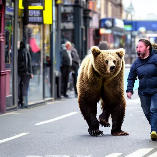 Image similar to brown bear chasing tourist on O'Connell street, Dublin city, hidden camera, photograph, 8k