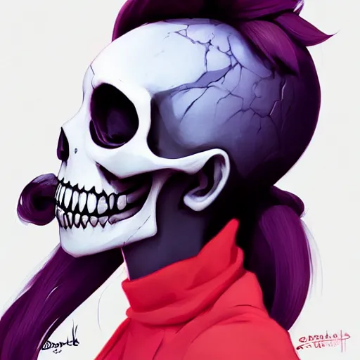 Prompt: a profile portrait of a girl skull face, balloons, in the style of artgerm, charlie bowater, atey ghailan and mike mignola, vibrant colors and hard shadows and strong rim light, plain background, comic cover art, trending on artstation