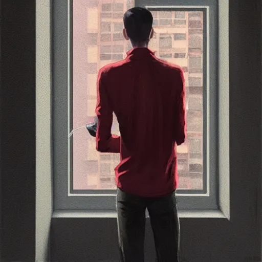 Image similar to concept art by greg rutkowski, very tall and thin young man, standing drinking a coffee looking out a window in a minimalist, hi - tech, brutalist office, reddish exterior lighting, scifi, highly detailed portrait, digital painting, artstation, concept art, smooth, sharp foccus ilustration, artstation hq