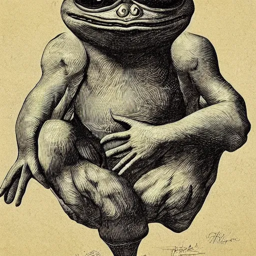 Image similar to portrait of pepe the frog by goya and escher and hogarth, illusion surreal art, highly conceptual figurative art, intricate detailed illustration, controversial poster art, polish poster art, geometrical drawings, no blur