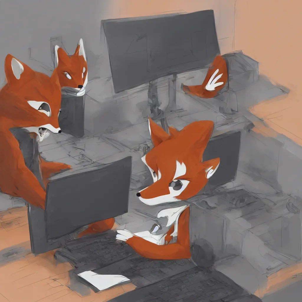 Image similar to an anthropomorphic fox in a hoodie sitting in front of a portable black computer, concept art, digital art, highly detailed, anime, by hayao miyazaki