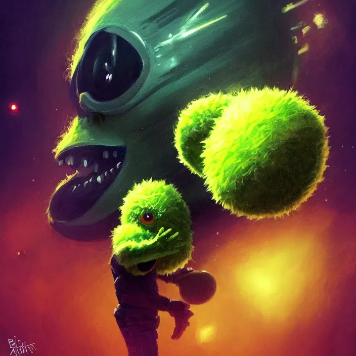 Image similar to cinematic portrait of a cute tennis ball monster in the abyss of space, chalk, masterpiece, trending on artstation, featured on pixiv, cinematic composition, dramatic pose, beautiful lighting, sharp details, hyper-detailed, HD, HDR, 4K, 8K, art by Basil Gogos