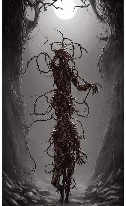 Image similar to fantasy monster concept art, a jack o lantern monster with vines for a body walking down a street of nightmares, dynamic lighting, photorealistic, trending on art station, stunning visuals, creative, cinematic, ultra detailed, atmospherical, ambient lighting, scary art, eery art