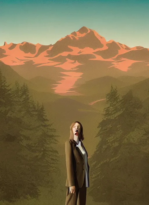 Image similar to Twin Peaks movie poster artwork by Michael Whelan and Tomer Hanuka, Rendering of Anya Taylor-Joy, the watcher, looking for a signal, from a scene from Twin Peaks, clean, full of detail, Matte painting, trending on artstation and unreal engine