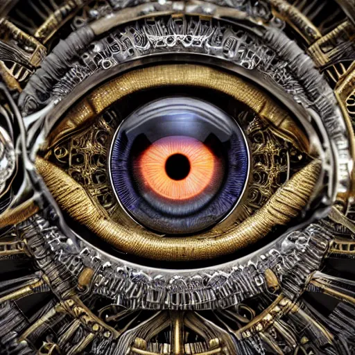 Prompt: a macro photo of a gold and silver mechanical eye, close - up, large intricate iris with gears and inside, intricate gears and lenses and filaments, intricately detailed engravings, intricately detailed markings, intricate textures, warm lighting, vivid colors, realistic octane render, hyper realistic render, volumetric shading, depth of field, raytracing, 8 k,