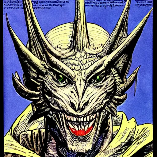 Prompt: head and shoulders portrait of a medieval d & d fantasy anthropomorphic blue dragon - headed sorcerer, comic book cover art by hr giger and frank miller