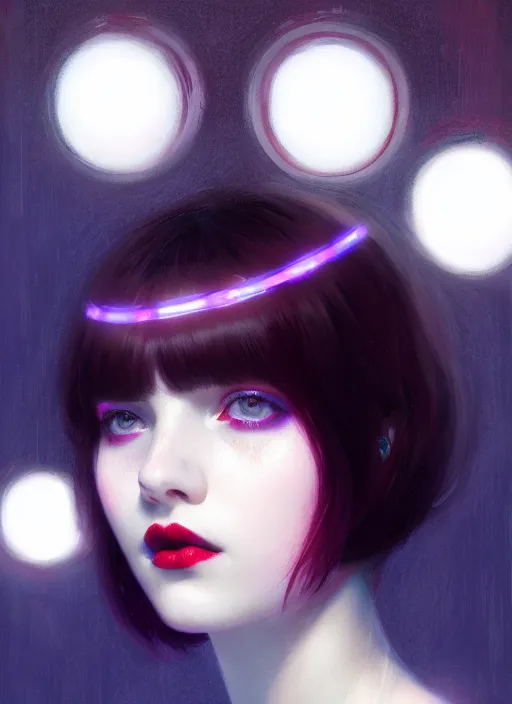 Image similar to portrait of pale teenage girl, red irises, black hair, white bangs, purple lipstick, intricate, elegant, glowing lights, highly detailed, digital painting, artstation, concept art, smooth, sharp focus, illustration, art by wlop, mars ravelo and greg rutkowski