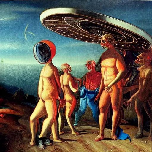 Image similar to ranaissance painting depicting people talking with aliens