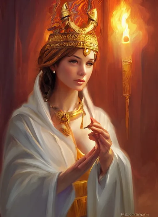 Prompt: Portrait of a beautiful priestess from the oracle of Delphi, looking into the flames, greek mythology, in the style of Julia Ustinovich, digital art, Vladimir Volegov