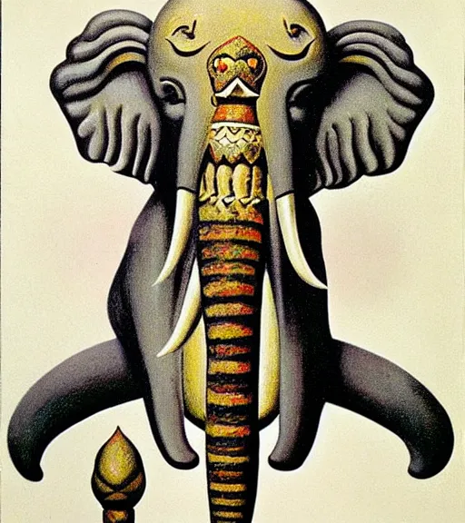 Image similar to slavic pagan elephant god by combined styles of rene magritte and salvadore dali