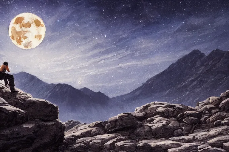 Prompt: Landscape view of a Rocky mountain, only one man climbing the rocks with his bare hands, at a starry night, no lights beside the luminance of the full moon, night atmospheric lights, trending on artstation, hyper detailed