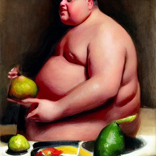 Image similar to highly detailed portrait of a grossly obese flamboyant man who is shaped like a pear artstation he is sitting down for a lavish feast of only vegtables, 8 k, sfx, john singer sargent.