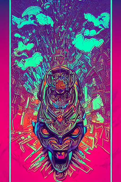 Image similar to totem animal tribal chaman vodoo mask feather gemstone plant video game illustration vivid color borderlands and by feng zhu and loish and laurie greasley, victo ngai, andreas rocha, john harris radiating a glowing aura