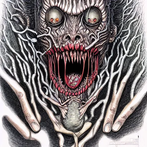 Prompt: Horror beast by junji ito , Colored pencil , Hyperdetailed , trending on artstation , CGSociety , matte painting , Concept art