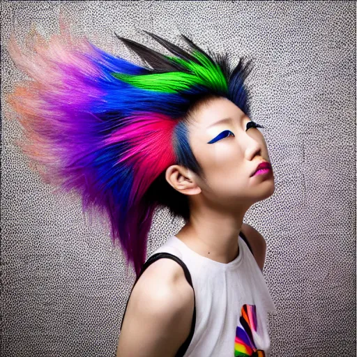 Prompt: Beautiful Japanese punk rock model with rainbow mowhawk hair, Studio portrait,