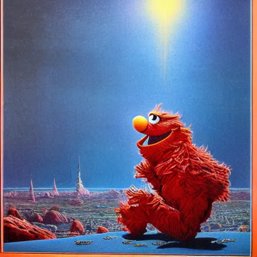 Image similar to elmo in the style of a 7 0 s science fiction novel cover, highly detailed, bruce pennington, peter jones