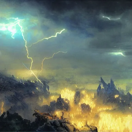 Image similar to a man with short blonde hair shooting lightning bolts at his enemy in battle. detailed matte painting. masterpiece. coherent. rule of thirds 4 k. fantasy art. by gaston bussiere. derek zabrocki. craig mullins